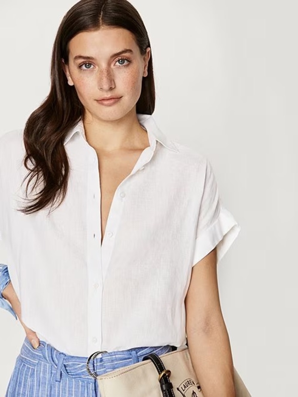 Ralph Lauren White Short-Sleeve Linen Button Front Shirt - Picture 4 of 9